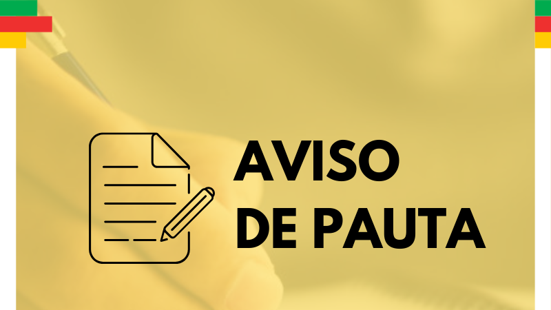 Card com o nome "aviso de pauta" e "A força da comunidade". No fundo, sob um filtro amarelo, uma foto de uma mão segurando uma caneta e escrevendo em um caderno.