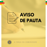 Card com o nome "aviso de pauta" e "A força da comunidade". No fundo, sob um filtro amarelo, uma foto de uma mão segurando uma caneta e escrevendo em um caderno.