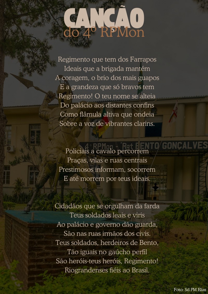 Foto ilustrativa com a letra da canção do 4º Regimento de Polícia Montada