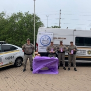 PMs aparecem em pé em frente a duas viaturas, sendo um automóvel e um micro-ônibus, segurando folders da Patrulha Maria da Penha