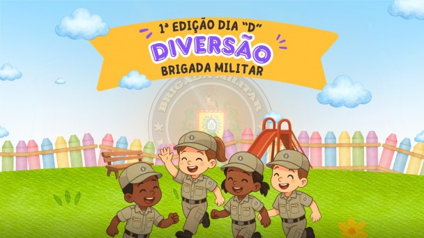 Desenho ilustrativo coma faixa da priomeria edição do Dia D Diversão da BM e quatro crianças em um parque sorrindo e correndo, vestindo fardas. 