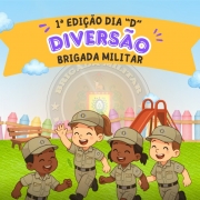 Desenho ilustrativo coma faixa da priomeria edição do Dia D Diversão da BM e quatro crianças em um parque sorrindo e correndo, vestindo fardas. 