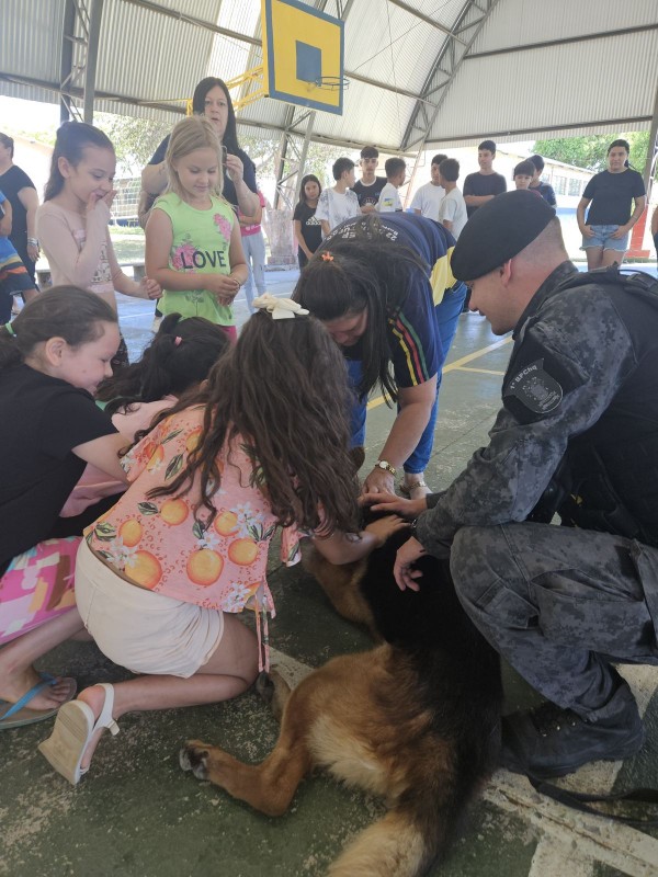 Em uma quadra de esportes de uma escola, um PM monitora a interação entre um cão policial, que está deitado, e crianças que passam a mão no pelo do animal. 