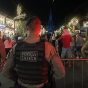 PM está de costas com o colete onde se lê "Força Tática". Ele está de frente ao público que circula em uma rua durante a noite. 