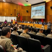 Brigadianos aparecem entre o p&uacute;blico presente ao semin&aacute;rio durante a abertura do evento no audit&oacute;rio do MPRS. 