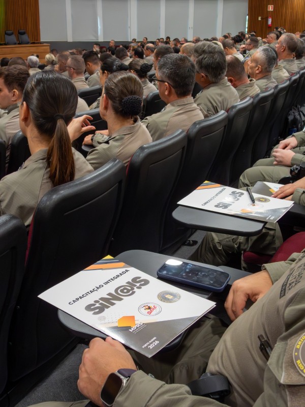 Capa da cartilha do NUPVE/MPRS, chamada Sin@!s, aparece em destaque junto aos PMs presentes no evento. 