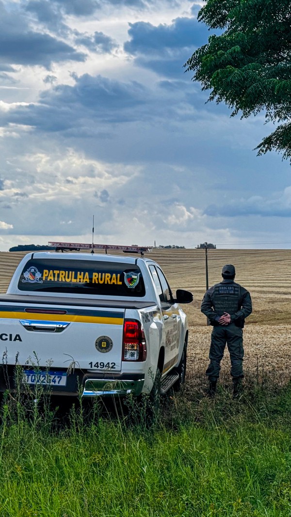 Viatura e PM estão diante de uma lavoura. 