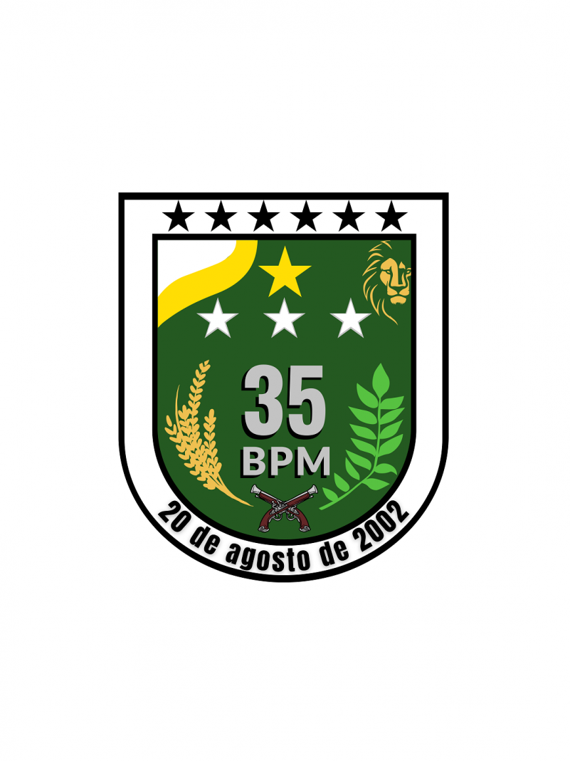 Na imagem apresenta o Bras&atilde;o do 35&ordm;BPM com a cor predominante verde o s&iacute;mbolo do batalh&atilde;o em cinza com o Le&atilde;o amarelo no canto superior direito, estrelas no centro e as armas na parte inferiror